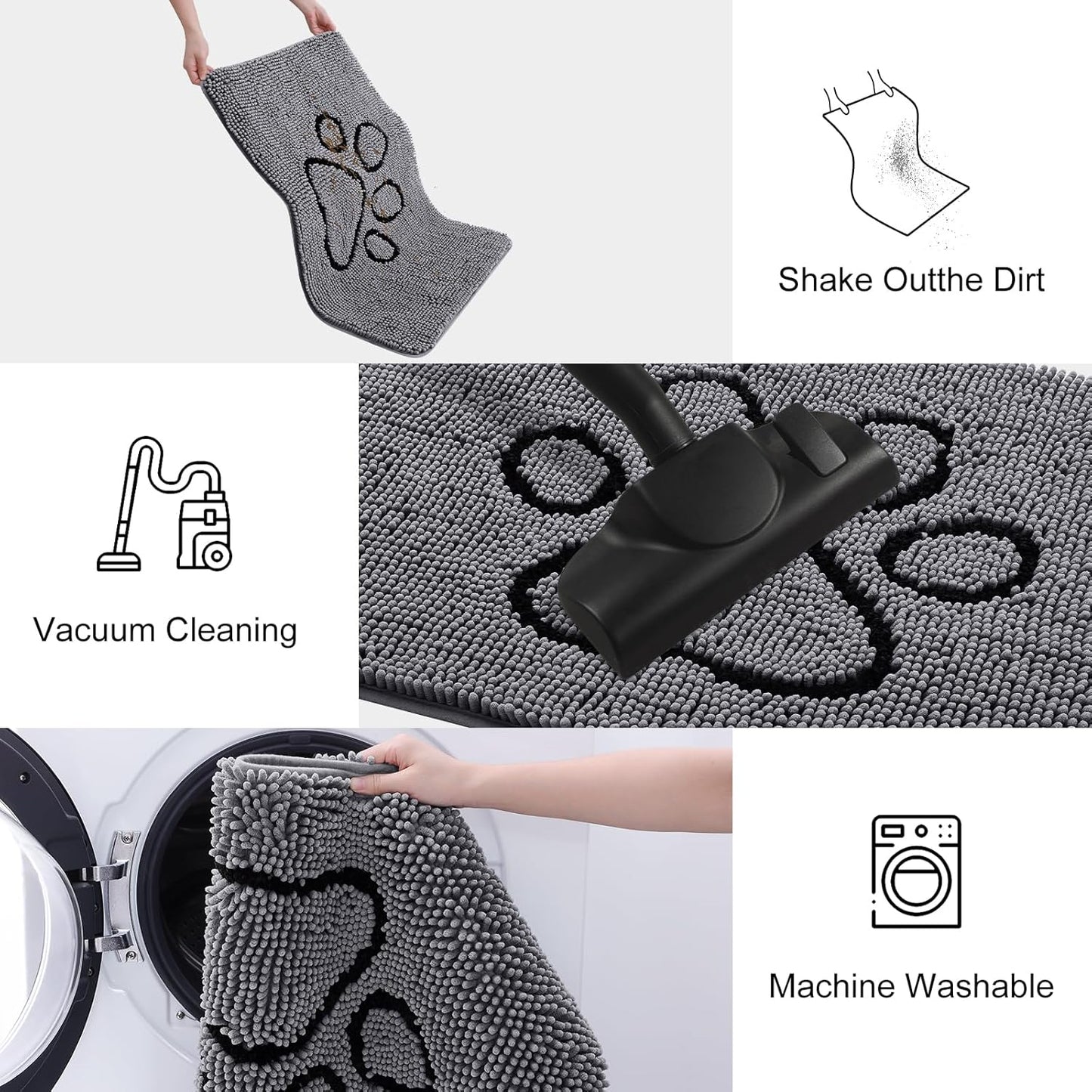 Smiry Dog Door Mat for Muddy Paws, Absorbent Dirt Trapper Non Slip Quick Dry Washable Chenille Mat for Mud Dogs, Entry Rug for Indoor and Outdoor (30x20 Inches, Dark Grey and Black)