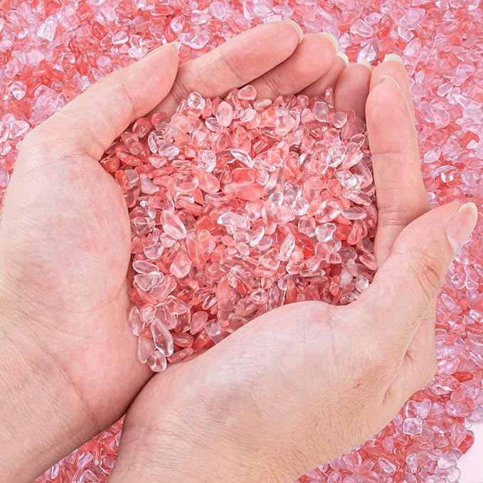 0.5 Lb/230g Watermelon Red Crushed Stone Crystal Chips Bulk, Tumbled Healing Crystal Chips Natural Gemstones Crushed Stones Decorative Vase Fillers Aquarium Gravel Rocks, 5-7mm