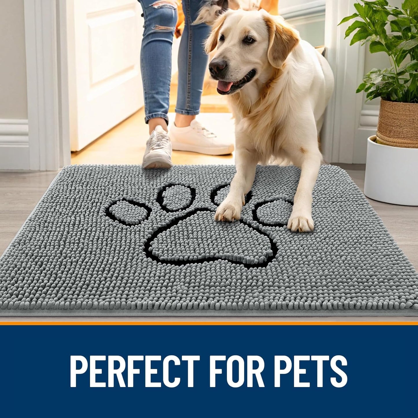 OLANLY Door Mat for Muddy Dog Paws 47x32, Ultra Absorbent Chenille Mud Doormat with Paw Print Design, Non-Slip Washable Doormat for Indoor Entryway, Quick-Dry Pet Bed Mats for Dirty Dogs, Grey