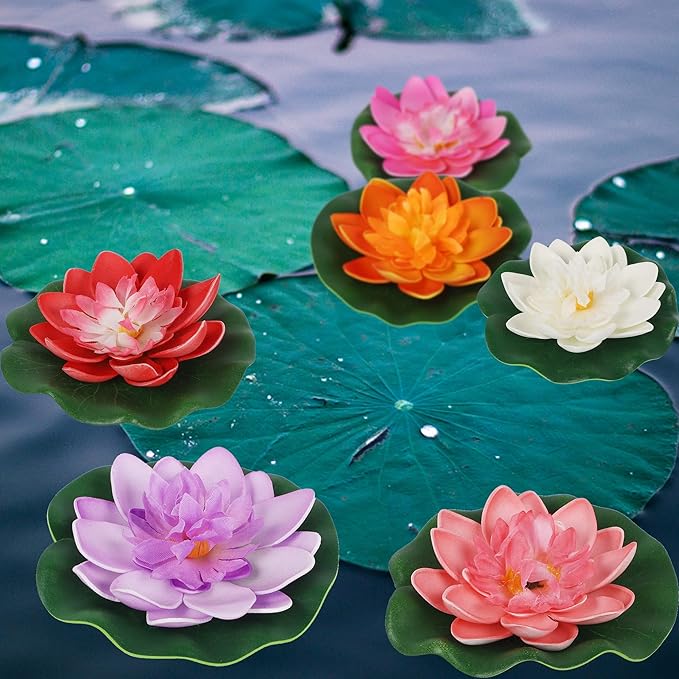 Happy Trees 12 Pcs Artificial Floating Foam Lotus Flower with Water Lily Pad, Lifelike Ornanment Home Garden Pond Decor Indian Decorations Return Gifts