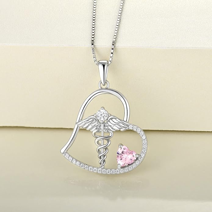 YL Caduceus Heart Necklace Sterling Silver Doctor Nurse Themed Pendant Gemstones Angel Wings Snake Jewelry for Women
