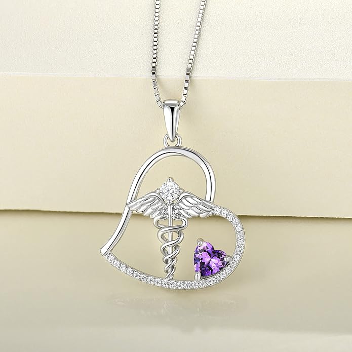 YL Caduceus Heart Necklace Sterling Silver Doctor Nurse Themed Pendant Gemstones Angel Wings Snake Jewelry for Women