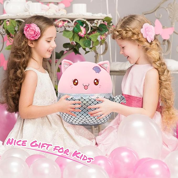 12” Mermaid Cat Plush Pillow Soft Mermaid Stuffed Animal Cute Cat Plush Toy Birthday Christmas Festival Gifts for Kids