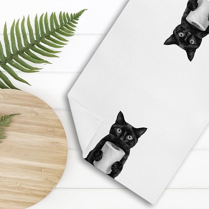 Funny Black Cat Hand Towels, Cat Bathroom Decor, Cats Lover Mom Lady Gifts Hand Towels for Bathroom Kitchen Decor, Cute Black Kitten Decorative Kitchen Dish Tea Towels, 16x24 Inch
