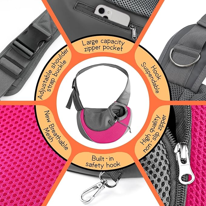 YUDODO Pet Sling Carrier for Small Dogs & Cats – Hands-Free Puppy Carrier with Safety Hook, Large Zipper Pocket, Soft Breathable Mesh, Adjustable Strap & Reflective Strip (Pink 1.0 M)