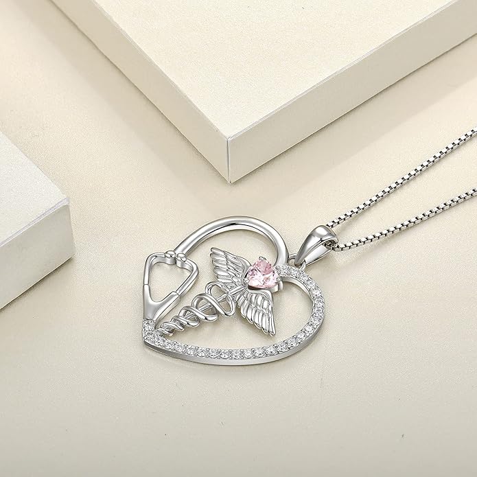 YL Caduceus Heart Necklace for Women Sterling Silver Doctor Nurse Themed Stethoscope Pendant Birthstone Angel Wings Snake Jewelry