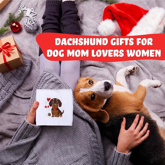 2 Pack Dog Hand Towels for Dog Lovers Gift Dachshund Kitchen Towels Bathroom 14 x 29 in 100% Cotton Embroidered White Christmas Bath Set with Hearts Funny Holiday Dish Tea Decor