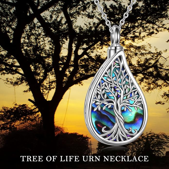 URONE Urn Necklaces for Ashes 925 Sterling Silver Abalone Shell Tree of Life Cremation Jewelry for Ashes Memory Jewelry for Women Men