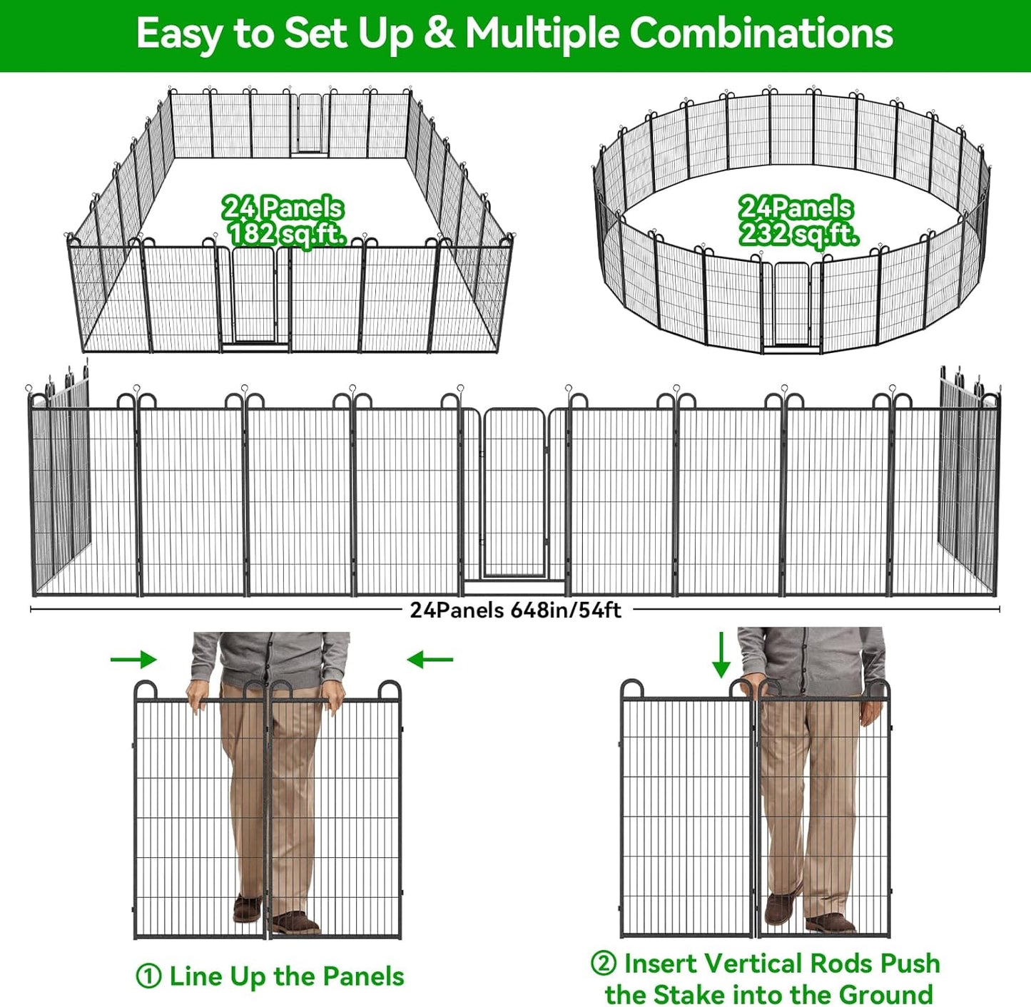 Dog Playpen Outdoor 24 Panels Heavy Duty Dog Fence 47" Height Anti-Rust with Doors Portable for RV Camping Yard, Total 54FT, 227 Sq.ft, Snowy Black