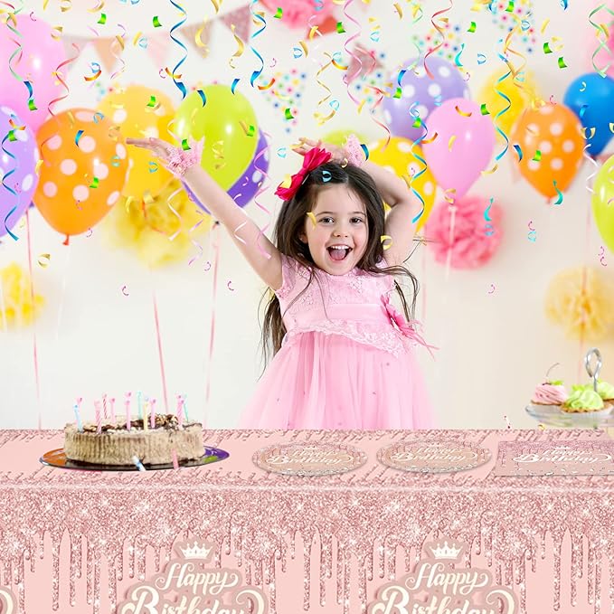 41Pcs Rose Gold Birthday Party Decorations - Pink Rose Gold Theme Supplies - Includes 20 Plates, 20 Napkins and 1 Tablecloth for Girls Women