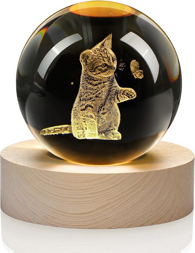 YU FENG 3D Carved Cat Crystal Ball with Warm White Light Base 2.36 Inch