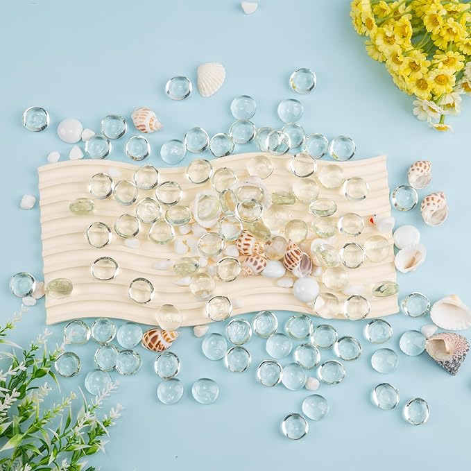 1 LB Clear Glass Marbles, Transparent and Smooth Flat Glass Beads for Vases, Mosaic Gem Pebbles for Aquarium Decor, Floral Arrangements, Mancala Stones, Vase Filler and Crafts (Approx. 80-100 PCS)