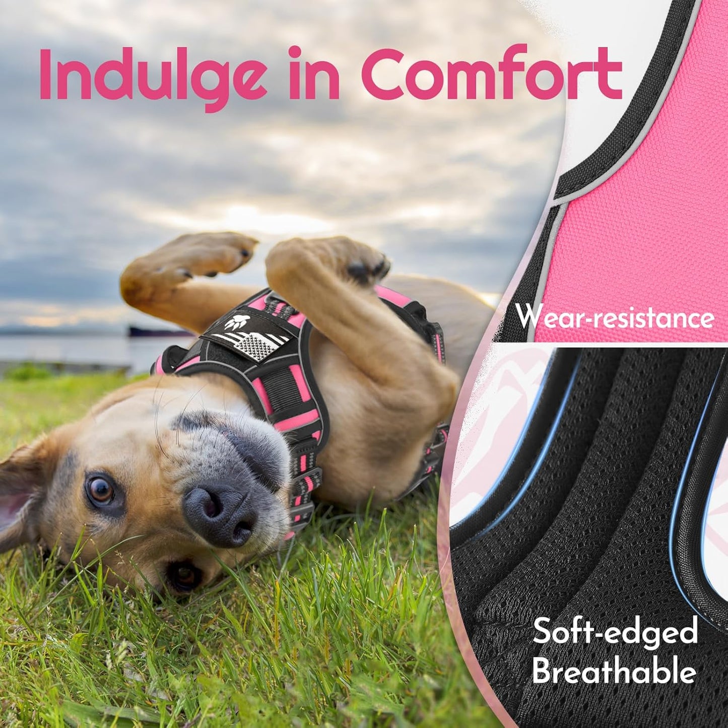 Eagloo Dog Harness for Large Dogs, Easy Wearing with 3 Buckles, Adjustable No Pull Pet Harness with 2 Rings for Walking, No Chock Reflective Soft Padded Vest with Control Handle, Pink & Black, L