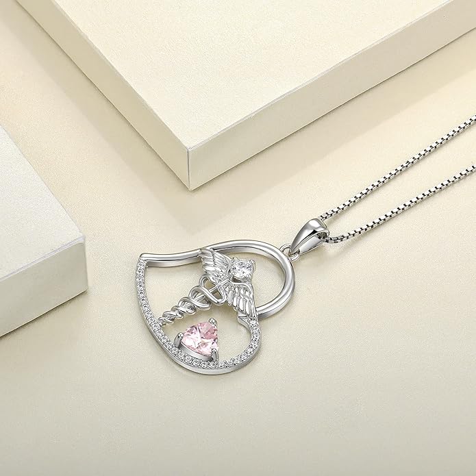 YL Caduceus Heart Necklace Sterling Silver Doctor Nurse Themed Pendant Gemstones Angel Wings Snake Jewelry for Women