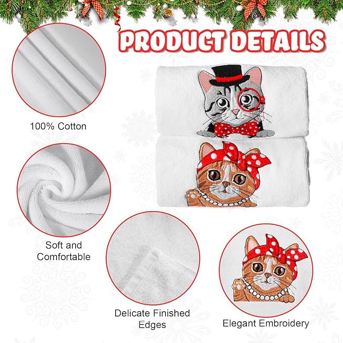 2 Pack Cat Kitchen Towels for Cat Lovers Gift Hand Bath Towels Sets for Bathroom 14 x 29 in 100% Cotton Embroidered Kitten Dish Tea Towel Christmas Holiday Kitchen Items