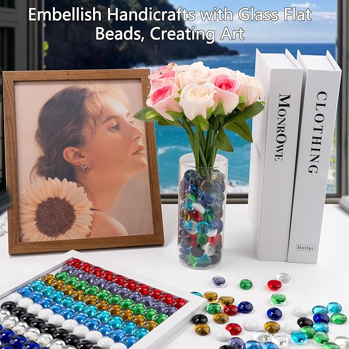 1LB Mix Glass Marbles, Transparent and Smooth Flat Glass Beads for Vases, Mosaic Gem Pebbles for Aquarium Decor, Floral Arrangements, Mancala Stones, Vase Filler and Crafts(Approx. 80-100 PCS)