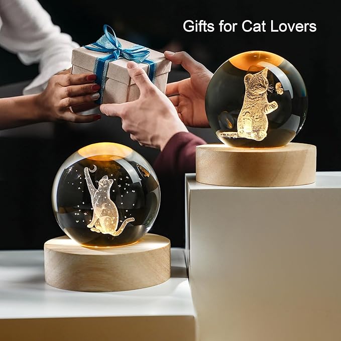 YU FENG 3D Carved Cat Crystal Ball with Warm White Light Base 2.36 Inch