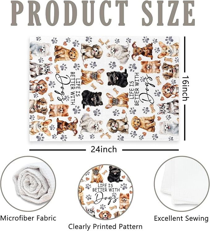 Watercolor Dog Kitchen Towels for Women Lovers, Life is Better With Dogs Decor, Mom Owner Gift Tea Hand Towels 16x24 Inch