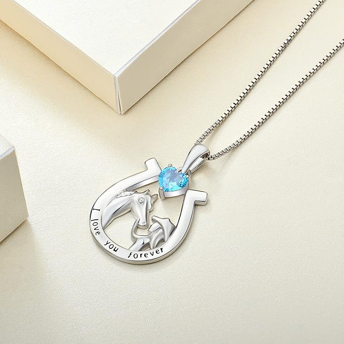 YL Women's Horse Necklace 925 Sterling Silver Horseshoe Pendant Birthstone Animals Jewelry
