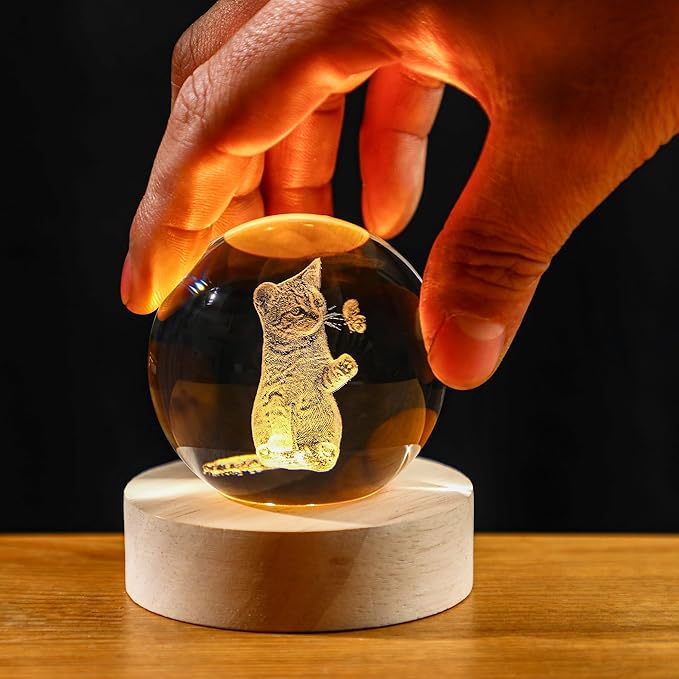YU FENG 3D Carved Cat Crystal Ball with Warm White Light Base 2.36 Inch