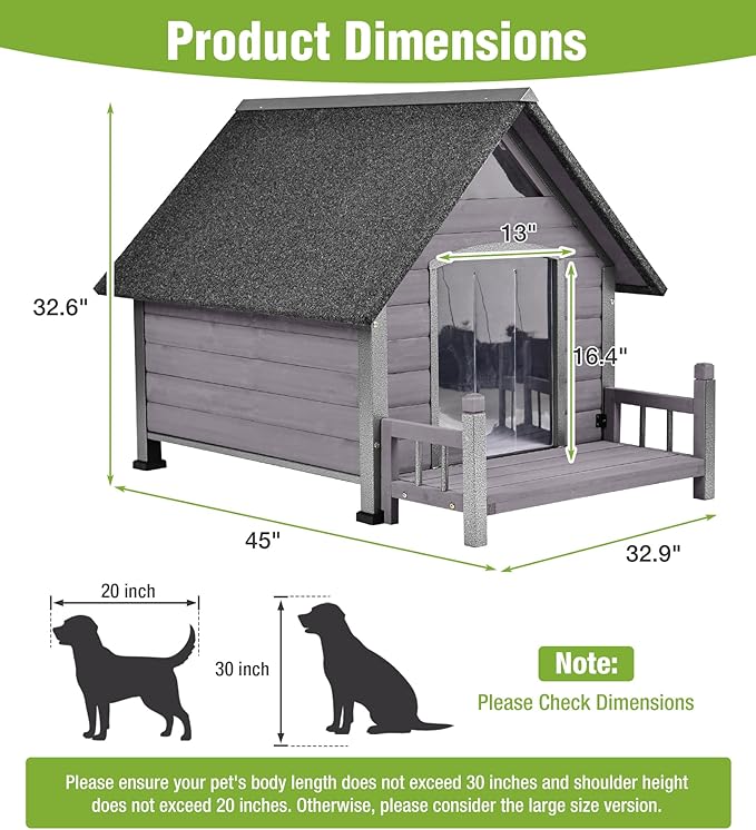GUTINNEEN Dog House Outdoor Weatherproof with Porch, Puppy Shelter Indoor with Anti-Bite Design, PVC Curtain, Asphalt Roof, Elevated Waterproof Base, for Small to Medium Dogs - Grey