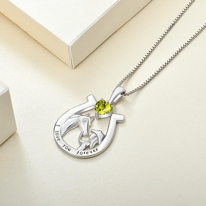 YL Women's Horse Necklace 925 Sterling Silver Horseshoe Pendant Birthstone Animals Jewelry