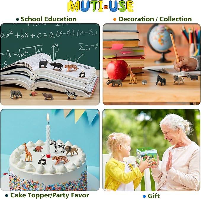 Toymany 14PCS 1-2" Tiny Jungle Animal Figures Toy, Realistic Mini Jungle Zoo Animal Figurines Cake Topper Toy Set, Easter Egg Christmas Birthday Gift Party Favor School Project for Kids Toddlers