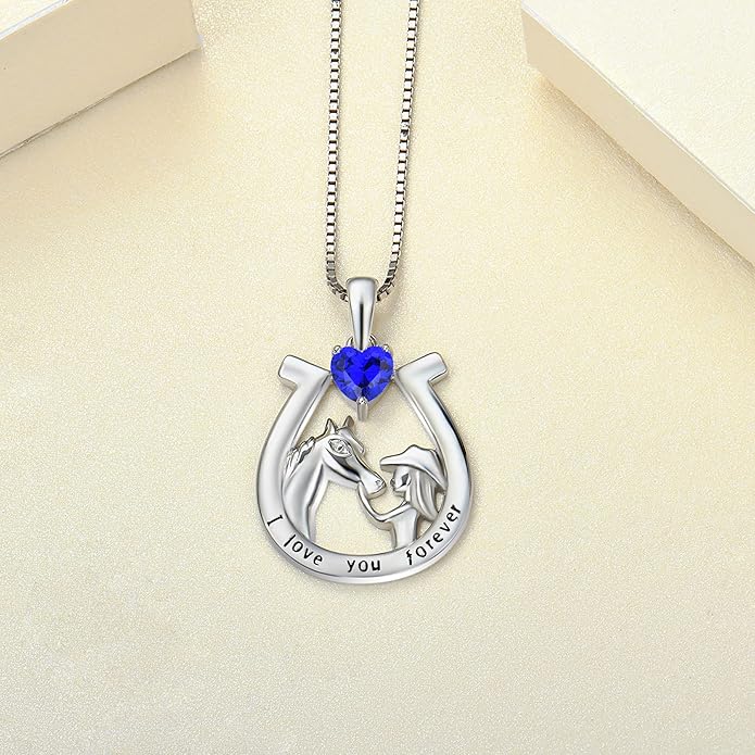 YL Women's Horse Necklace 925 Sterling Silver Horseshoe Pendant Birthstone Animals Jewelry