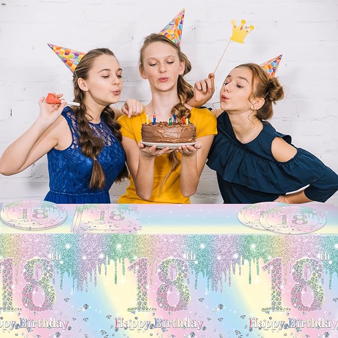 18th Birthday Party Decorations Tableware for Girls, Iridescent Macarons Diamond Happy 18th Birthday Supplies Includes 20 Plates 20 Napkins and 1 Tablecloth for Adult Boys Girls 18 Year Old Bday