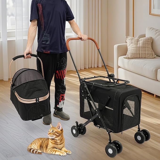 2-Layers Pet Stroller for 2 Cats/Dogs,Foldable Lightweight 77lbs Capacity Carrier, 4 Wheels, Removable Basket & Storage Pocket,for Small Pets (Black)