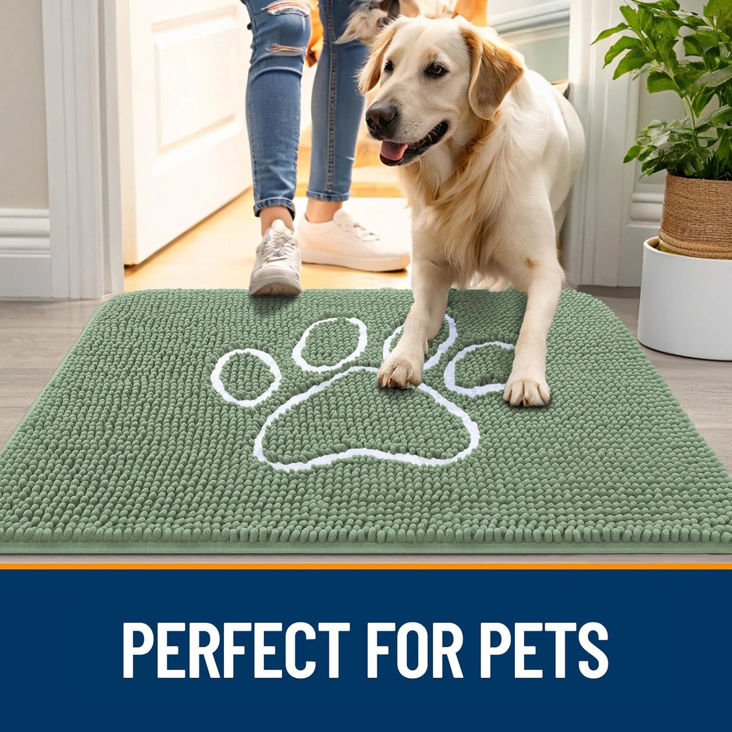 OLANLY Door Mat for Muddy Dog Paws 48x30, Absorbent Chenille Doormat with Paw Print Design, Non-Slip Washable Doormat for Indoor Entryway, Quick-Dry Pet Bed Mats for Dirty Dogs, Olive Green and White