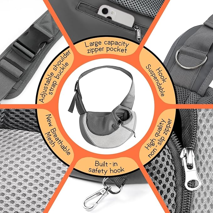 YUDODO Pet Sling Carrier for Small Dogs & Cats – Hands-Free Puppy Carrier with Safety Hook, Large Zipper Pocket, Soft Breathable Mesh, Adjustable Strap & Reflective Strip (Gray 1.0 M)