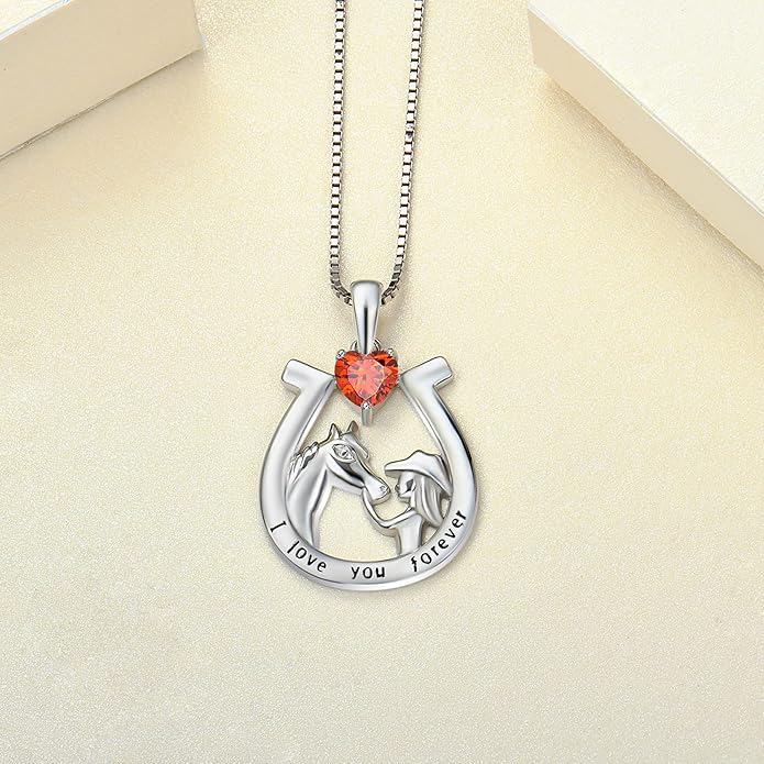 YL Women's Horse Necklace 925 Sterling Silver Horseshoe Pendant Birthstone Animals Jewelry