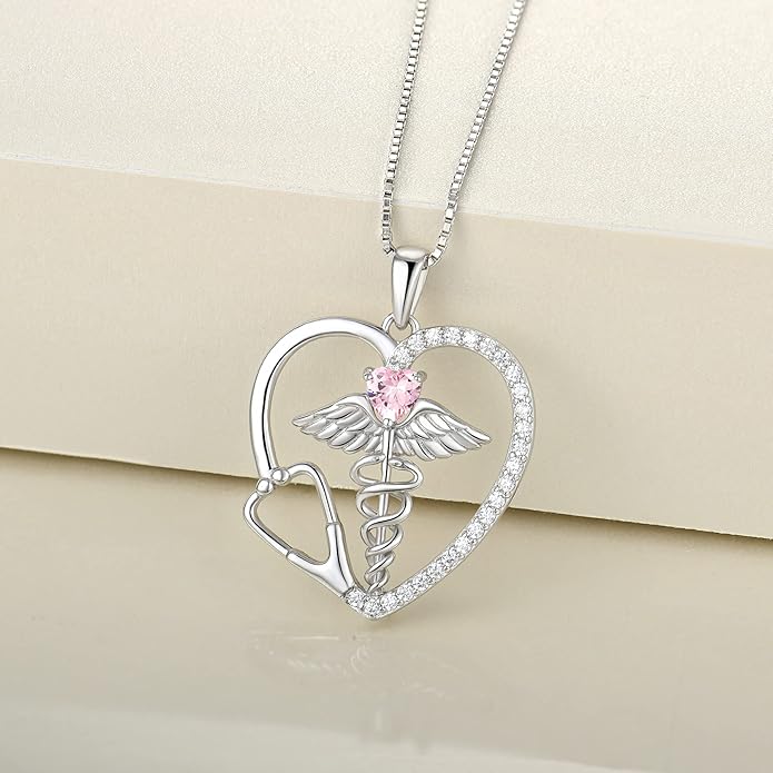 YL Caduceus Heart Necklace for Women Sterling Silver Doctor Nurse Themed Stethoscope Pendant Birthstone Angel Wings Snake Jewelry
