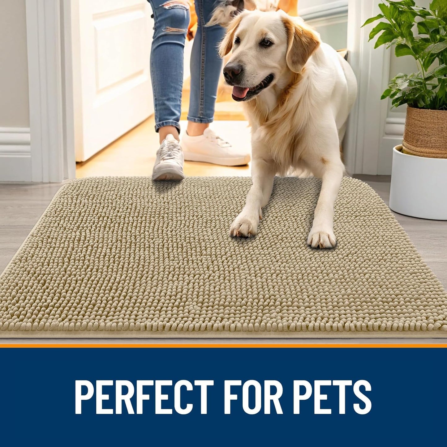 OLANLY Dog Door Mat for Muddy Paws 24x16, Absorbs Moisture and Dirt, Absorbent Non-Slip Washable Doormat, Quick Dry Chenille Mud Mat for Dogs, Entry Indoor Entryway Carpet for Inside Floor, Beige