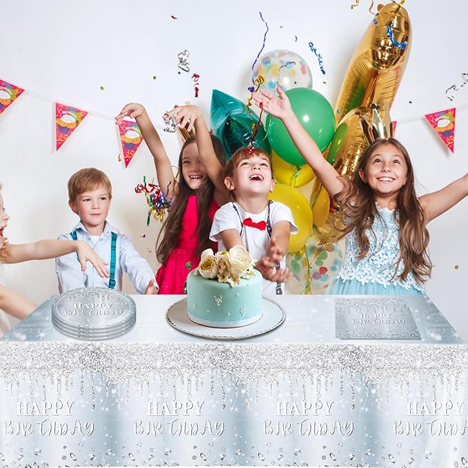 41 Pieces Silver Glitter Tableware Set, Happy Birthday Table Decorations Glitter Diamonds Silver Birthday Theme Dessert Plates Napkins Tablecloth for 20 Guests Silver Glitter Birthday Party Supplies