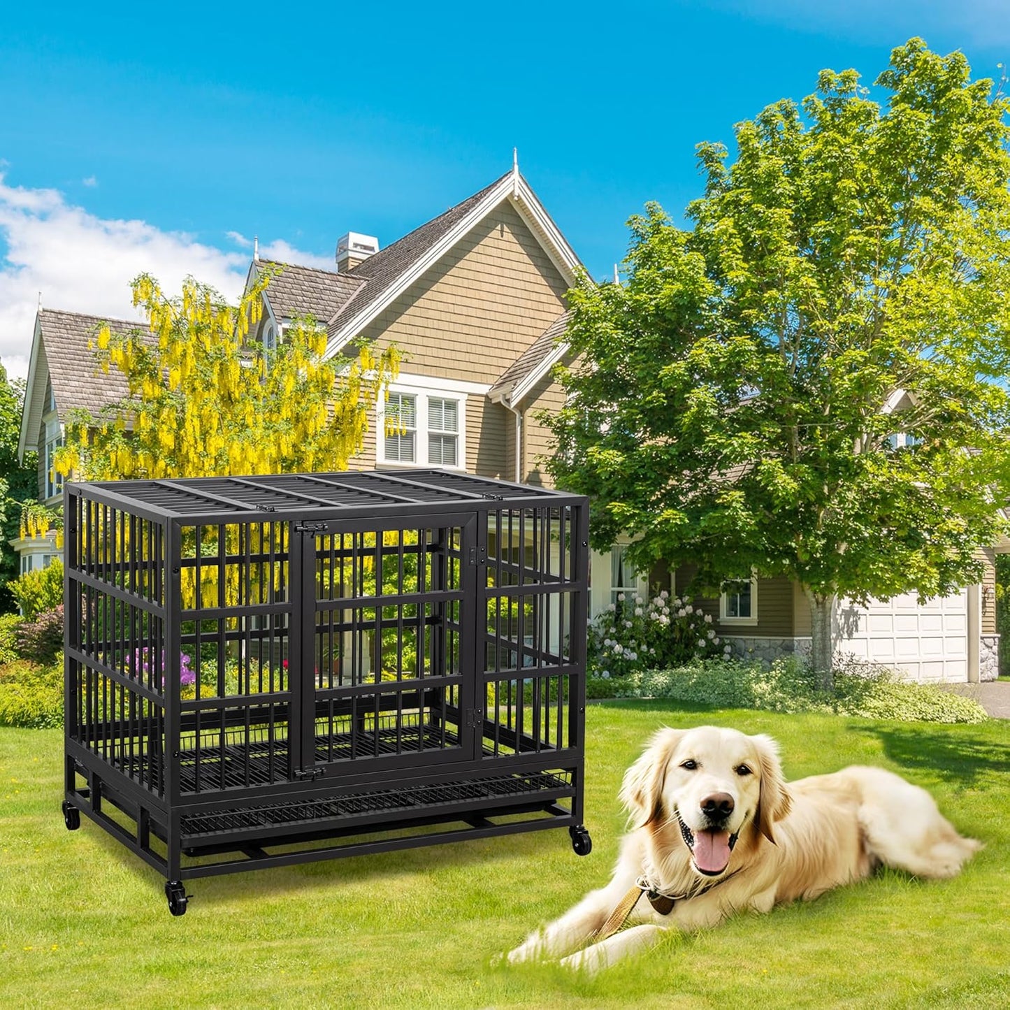 JY QAQA 48/38 Inch Heavy Duty Indestructible Dog Crate Double Doors Escape Proof Cage Kennel,Enhanced Metal Pet Cage,Extra Large Crate Indoor for Large Dog with Removable Tray and Lockable Wheels