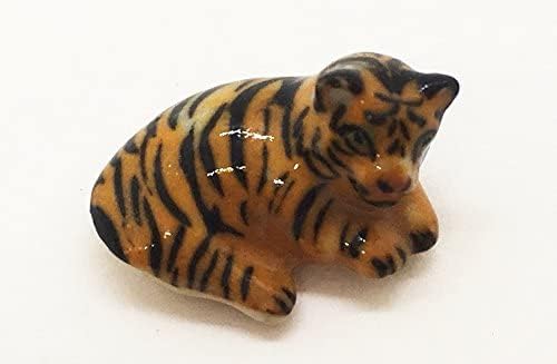 WitnyStore Tiny ⅝ Inch Orange Curled Up Tiger Cub Figurine - Miniature Hand Made Ceramic Panthera Wild Cats Lion Jaguar Leopard Panther Animal Small Porcelain Decorative Collectible Figure Décor Gifts