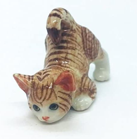 WitnyStore Tiny 2⅛" Brown White Tabby Shorthair Cat Bending Down Figurine - Miniature Hand Made Painted Ceramic Cats Kitten Feline Animal Cute Porcelain Decorative Collectible Figurines Décor Gifts