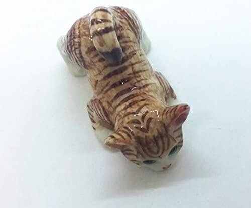 WitnyStore Tiny 2⅛" Brown White Tabby Shorthair Cat Bending Down Figurine - Miniature Hand Made Painted Ceramic Cats Kitten Feline Animal Cute Porcelain Decorative Collectible Figurines Décor Gifts