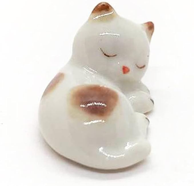 WitnyStore Tiny 1" White Brown Pointed Shorthair Cat Sleeping Curled Figurine - Miniature Hand Made Painted Ceramic Cats Kitten Feline Animal Cute Porcelain Decorative Collectible Figure Décor Gifts