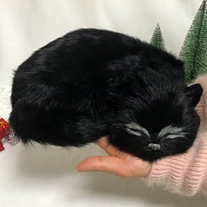 Realistic Furry Sleeping Cat Figurine Simulation Kitty Lifelike Kitten Home Office Shelf Decorative Statue, Synthetic Fur Pet Replica (Black)