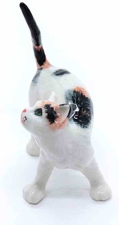 WitnyStore Tiny 2" Long Calico Tricolor Shorthair Cat Standing Look Up Figurine - Miniature Hand Made Painted Ceramic Cats Kitten Feline Animal Cute Porcelain Decorative Collectible Figure Décor Gifts