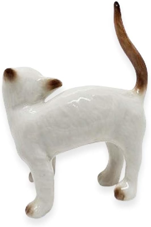 WitnyStore Tiny 2" White Brown Pointed Shorthair Siamese Cat Standing Look Up Figurine - Miniature Hand Made Painted Ceramic Cats Kitten Animal Cute Porcelain Decorative Collectible Figure Décor Gifts