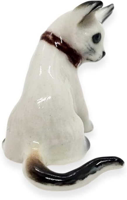 WitnyStore Tiny 1" White Gray Pointed Shorthair Siamese Cat Sitting Look Right Figurine - Miniature Hand Made Ceramic Cats Kitten Feline Animal Cute Porcelain Decorative Collectible Figure Décor Gifts
