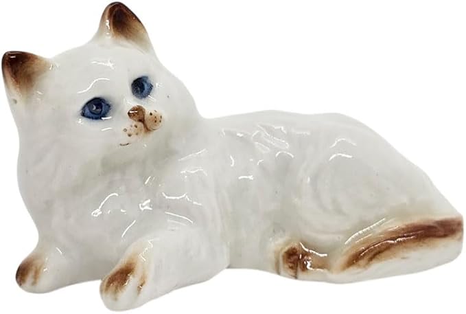 WitnyStore Tiny 1¾" Long White Brown Pointed Shorthair Cat Crouching Figurine - Miniature Hand Made Painted Ceramic Cats Kitten Feline Animal Cute Porcelain Decorative Collectible Figures Décor Gifts