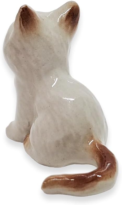 WitnyStore Tiny 1⅛" Long White Brown Pointed Shorthair Cat Sitting Figurine - Miniature Hand Made Painted Ceramic Cats Kitten Feline Animal Cute Porcelain Decorative Collectible Figurines Décor Gifts