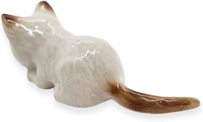 WitnyStore Tiny 1⅝" Long White Brown Pointed Shorthair Cat Crouching Figurine - Miniature Hand Made Painted Ceramic Cats Kitten Feline Animal Cute Porcelain Decorative Collectible Figures Décor Gifts