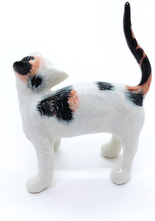 WitnyStore Tiny 2" Long Calico Tricolor Shorthair Cat Standing Look Up Figurine - Miniature Hand Made Painted Ceramic Cats Kitten Feline Animal Cute Porcelain Decorative Collectible Figure Décor Gifts