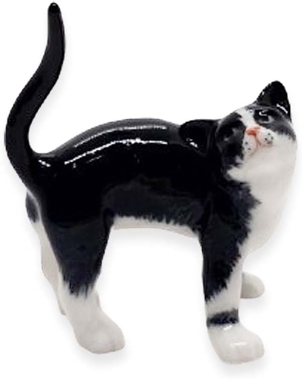 WitnyStore Tiny 2" Long Black White Tuxedo Cat Standing Look Up Figurine - Miniature Hand Made Painted Ceramic Cats Kitten Feline Animals Cute Porcelain Decorative Collectible Figurines Décor Gifts